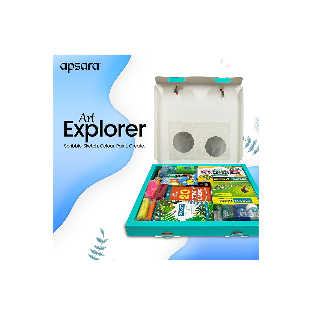 Apsara Art Explorer Kit, 20 Activity Cards for Creativity, Color Pencils, 12 Oil Pastel Colors, 12 Wax Crayons Colors, 1 Color Me Book, for 3-7 Ages Children, Fun Kit for Children