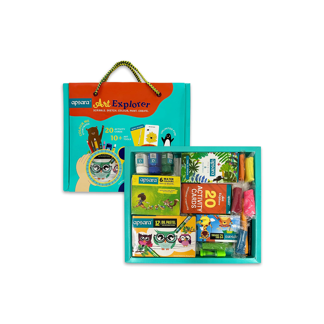 Apsara Art Explorer Kit, 20 Activity Cards for Creativity, Color Pencils, 12 Oil Pastel Colors, 12 Wax Crayons Colors, 1 Color Me Book, for 3-7 Ages Children, Fun Kit for Children
