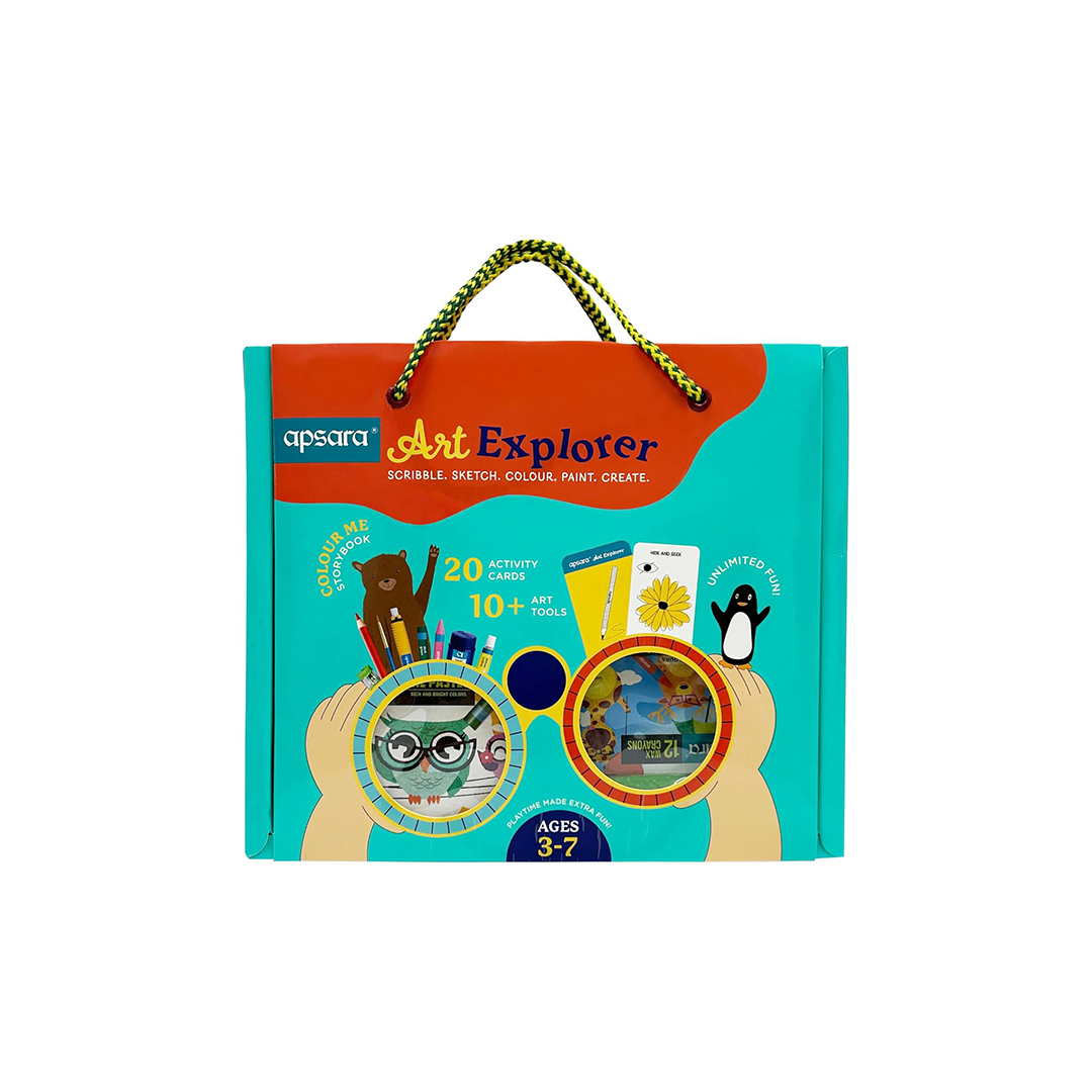Apsara Art Explorer Kit, 20 Activity Cards for Creativity, Color Pencils, 12 Oil Pastel Colors, 12 Wax Crayons Colors, 1 Color Me Book, for 3-7 Ages Children, Fun Kit for Children