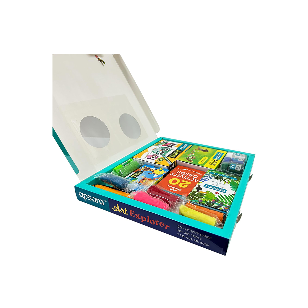 Apsara Art Explorer Kit, 20 Activity Cards for Creativity, Color Pencils, 12 Oil Pastel Colors, 12 Wax Crayons Colors, 1 Color Me Book, for 3-7 Ages Children, Fun Kit for Children