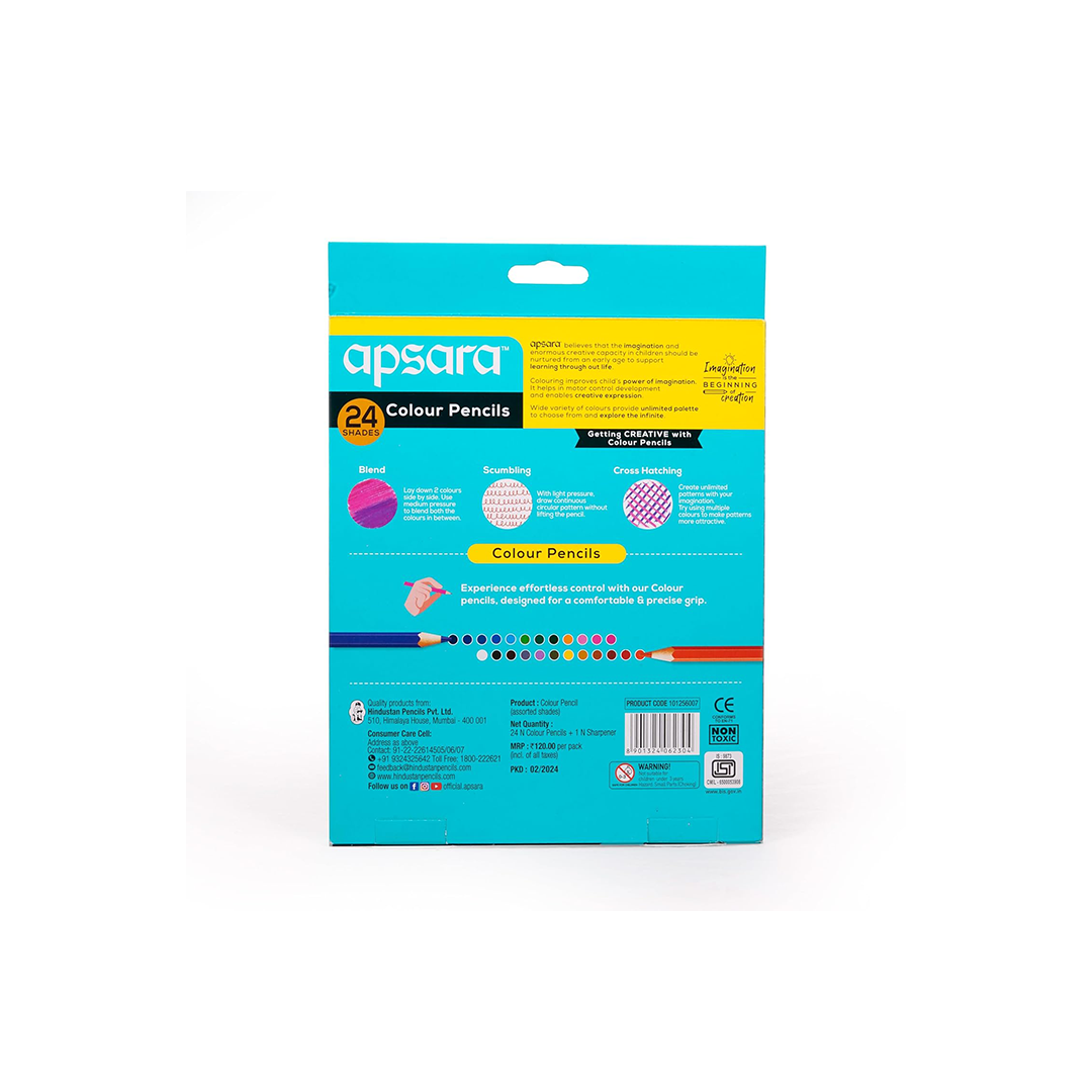 Apsara Colour Pencils | Brilliant colours | Hex Shape | Easy Grip | Superior lead quality | School For Kids (24 Full Size)