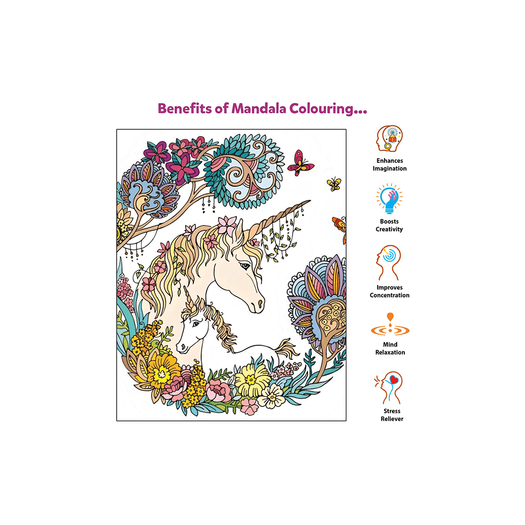 Little Berry Art And Craft Kit Little Berry Unicorn Mandala Art Colouring Kit With 24 Big Sheets and 12 Sketch Pens for Girls & Boys - Multicolour (5 Years+)