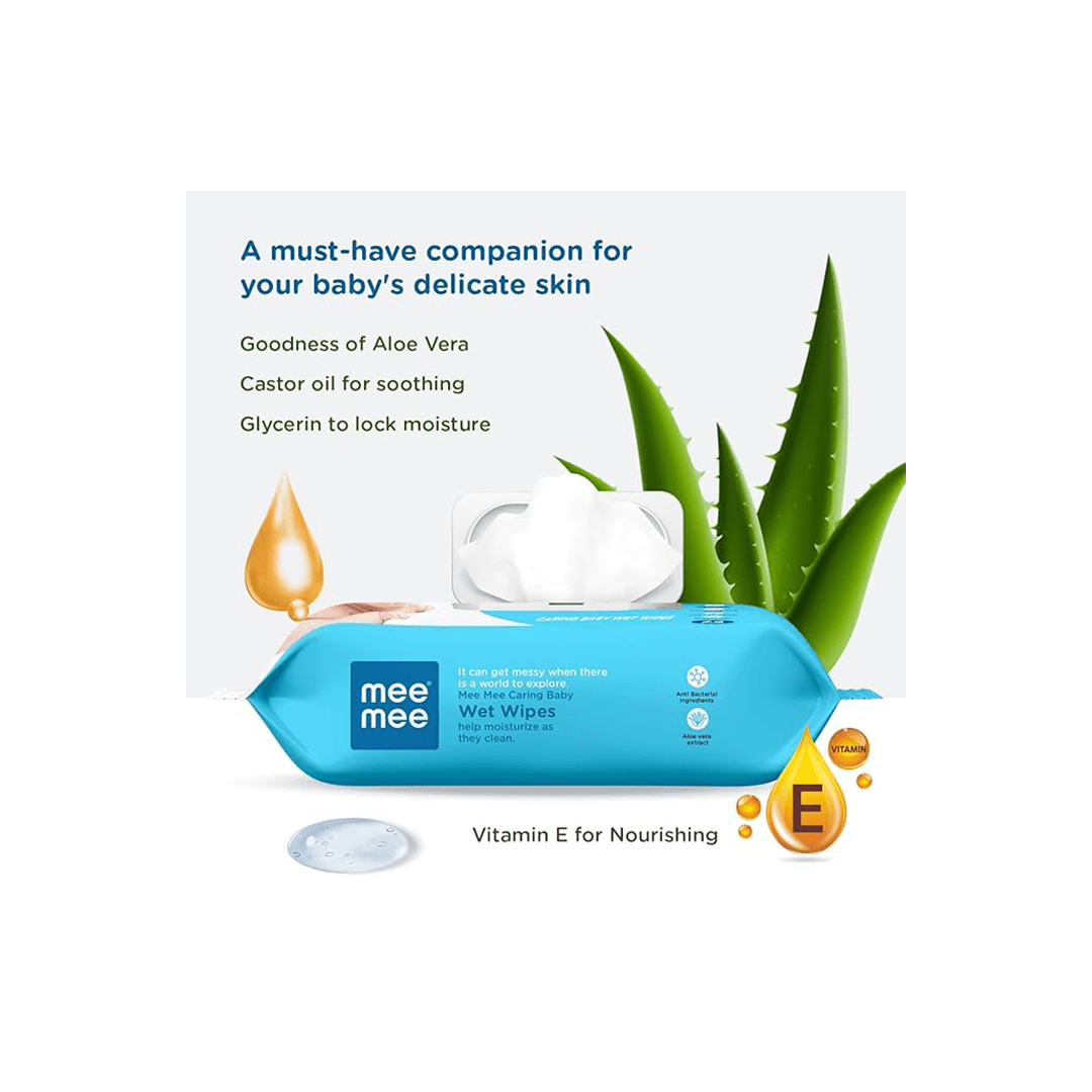 Mee Mee Baby Care Mee Mee Caring Baby Wet Wipes With Aloe Vera Extracts with Lid 72 pcs | Parabens Free ( 1 Month+ )