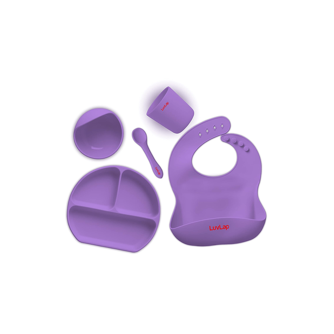 LuvLap Other Gears LuvLap 5-in-1 Silicone Baby Cutlery Set, Feeding Essentials - Divider Plate, Tumbler, Bib with Crumb Catcher, Suction Bowl, Silicone Spoon For Kids