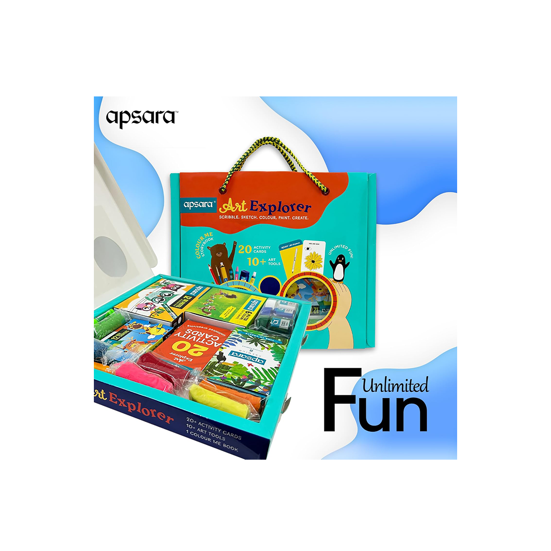 Apsara Art Explorer Kit, 20 Activity Cards for Creativity, Color Pencils, 12 Oil Pastel Colors, 12 Wax Crayons Colors, 1 Color Me Book, for 3-7 Ages Children, Fun Kit for Children
