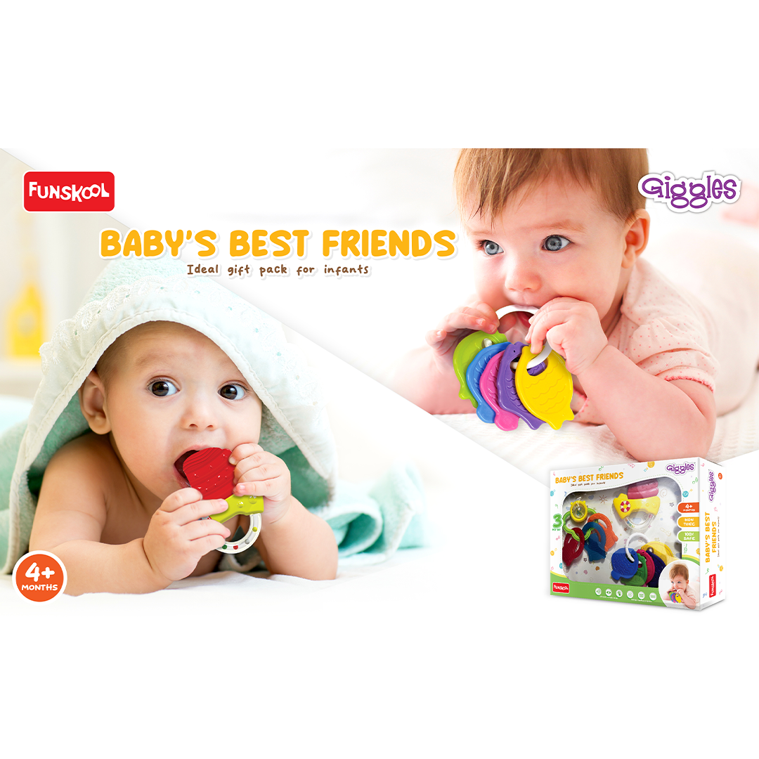 Funskool Giggles - Baby's Best Friend, Ideal Gift pack for Infants , 3 pcs set, Teethers and Rattles, Multi-colour Baby toy Gift set for New Born, 4 months and above : Development Toy for Little Ones in India