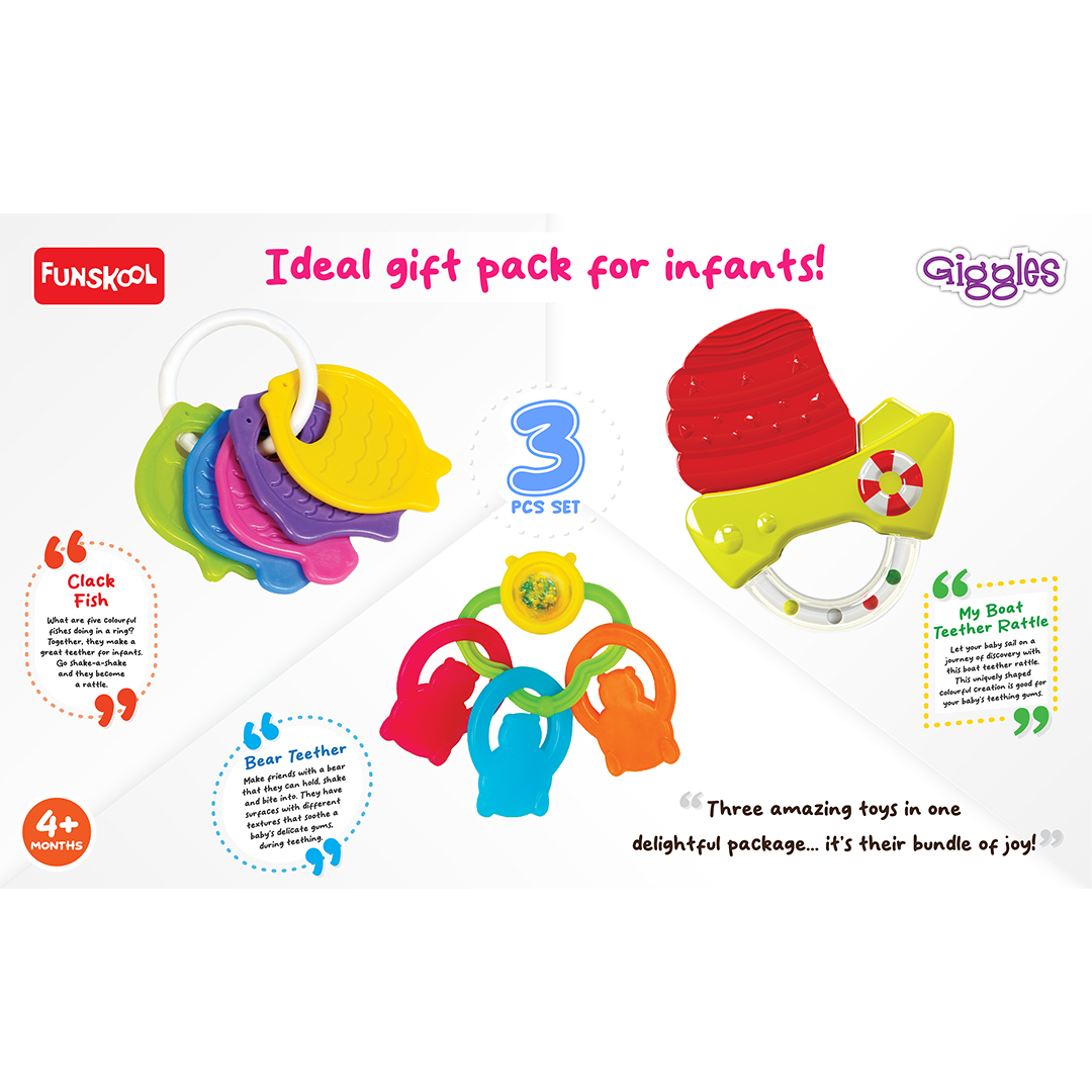 Funskool Giggles - Baby's Best Friend, Ideal Gift pack for Infants , 3 pcs set, Teethers and Rattles, Multi-colour Baby toy Gift set for New Born, 4 months and above : Development Toy for Little Ones in India