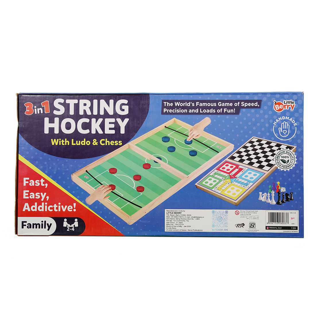 Little Berry 3 in 1 String Hockey Table Board Games for Adults & Kids | Double-Sided Wooden Fastest Finger First Indoor Game with Ludo & Chess (3 Years+)