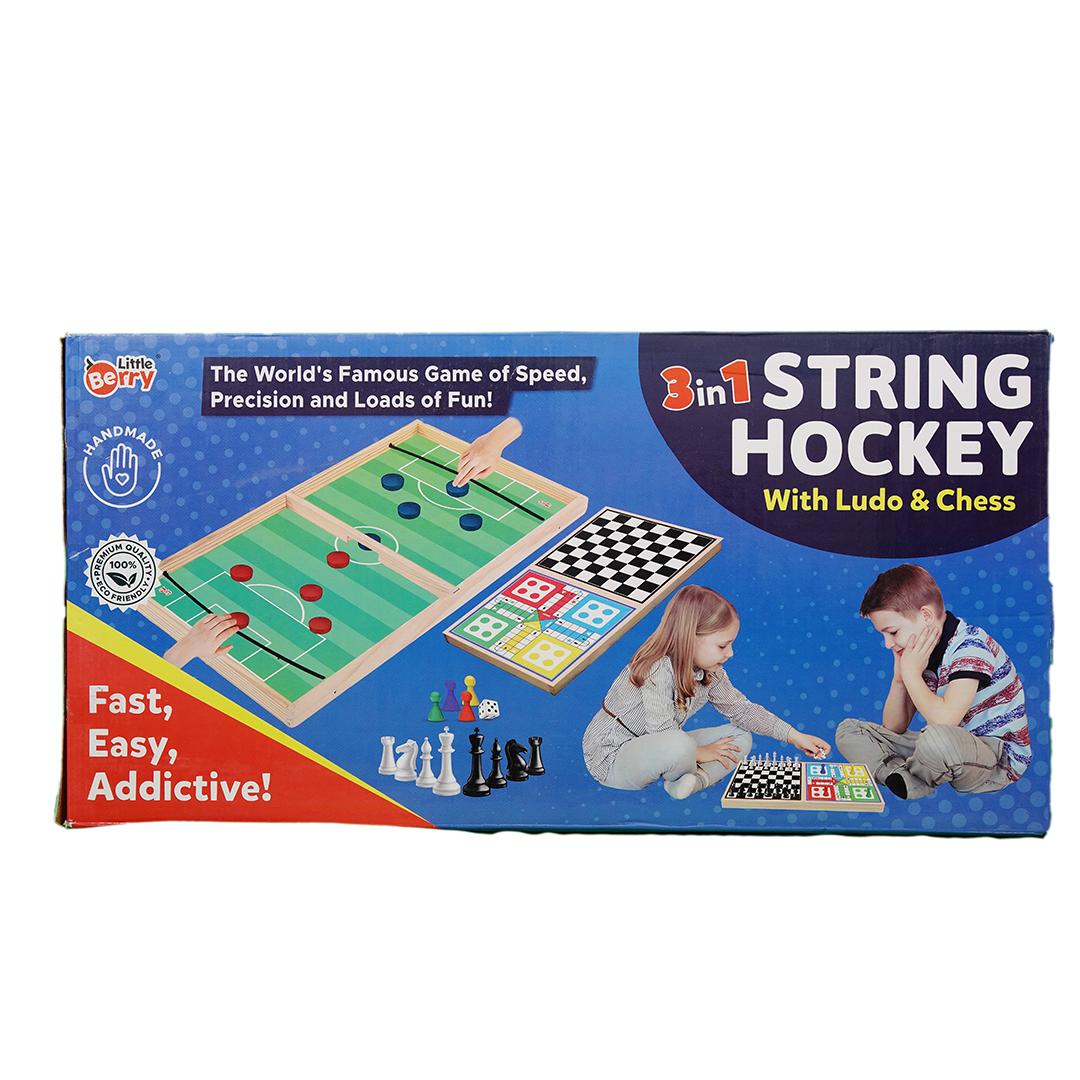 Little Berry 3 in 1 String Hockey Table Board Games for Adults & Kids | Double-Sided Wooden Fastest Finger First Indoor Game with Ludo & Chess (3 Years+)