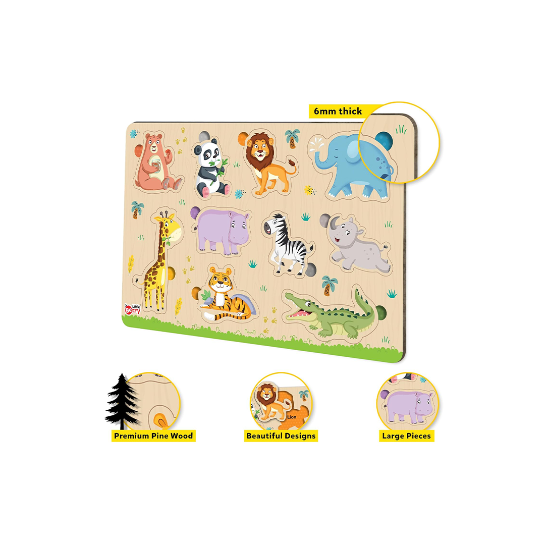 Little Berry Jungle Animals Wooden Puzzle Tray Knob and Peg Puzzle Multicolour (2 Years+) : Development Toys For Little Ones In India