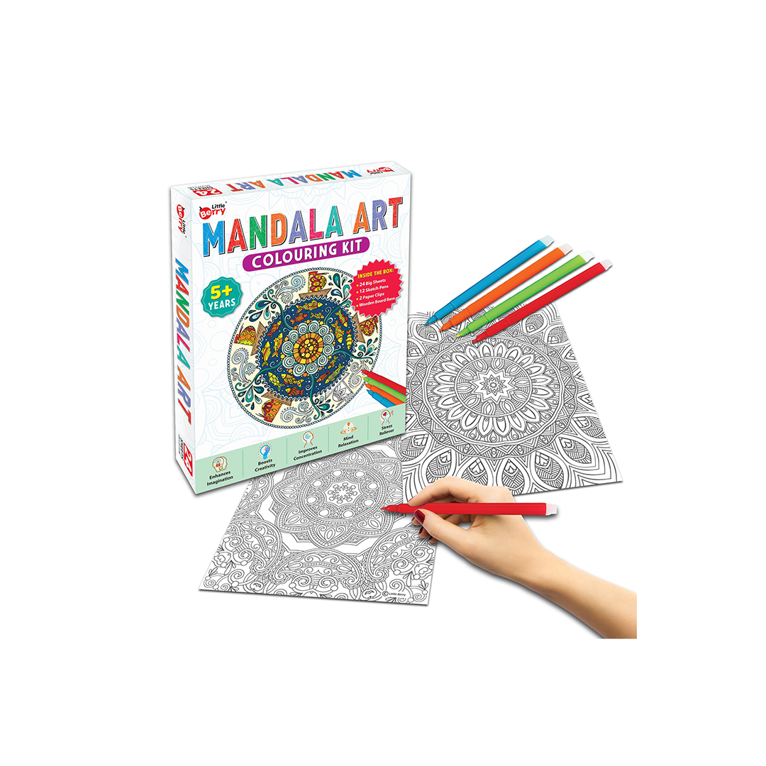 Little Berry Mandala Art Colouring Kit With 24 Big Sheets and 12 Sketch Pens for Girls & Boys - Multicolour: Development Toy for Little Ones in India