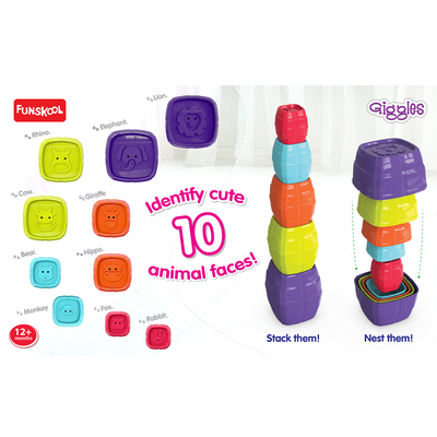 Funskool Giggles - Safari Stack N Nest Barrels, Multi-colour Stacking Barrels with Animal Faces, Helps to Sort, Stack and Nest, 12 months & above, Infant and Pre School Toys : Development Toy for Little Ones in India