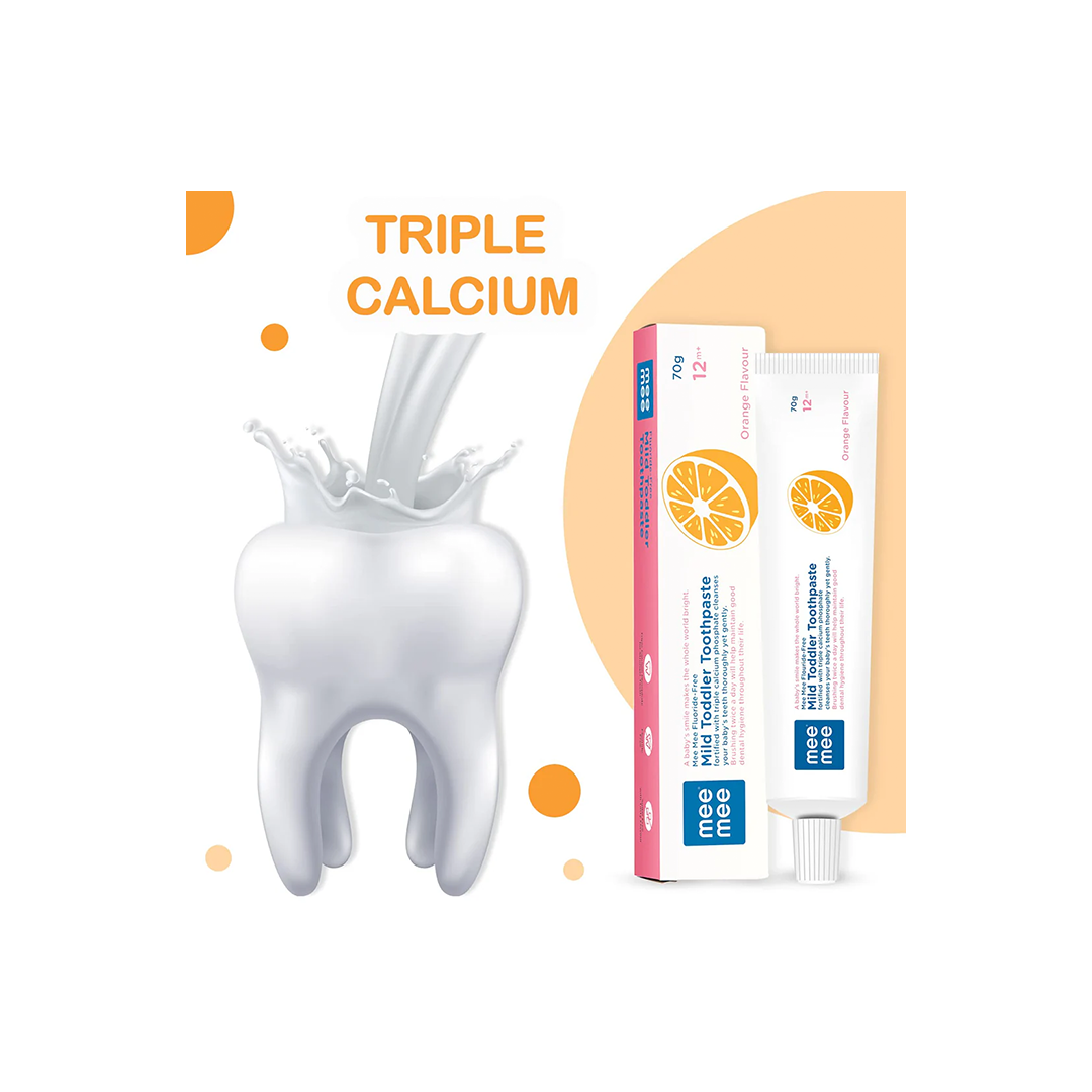 Mee Mee Fluoride-Free Mild Toddler Toothpaste with Triple Calcium Orange Flavor, 70gms ( 12 Months+ )