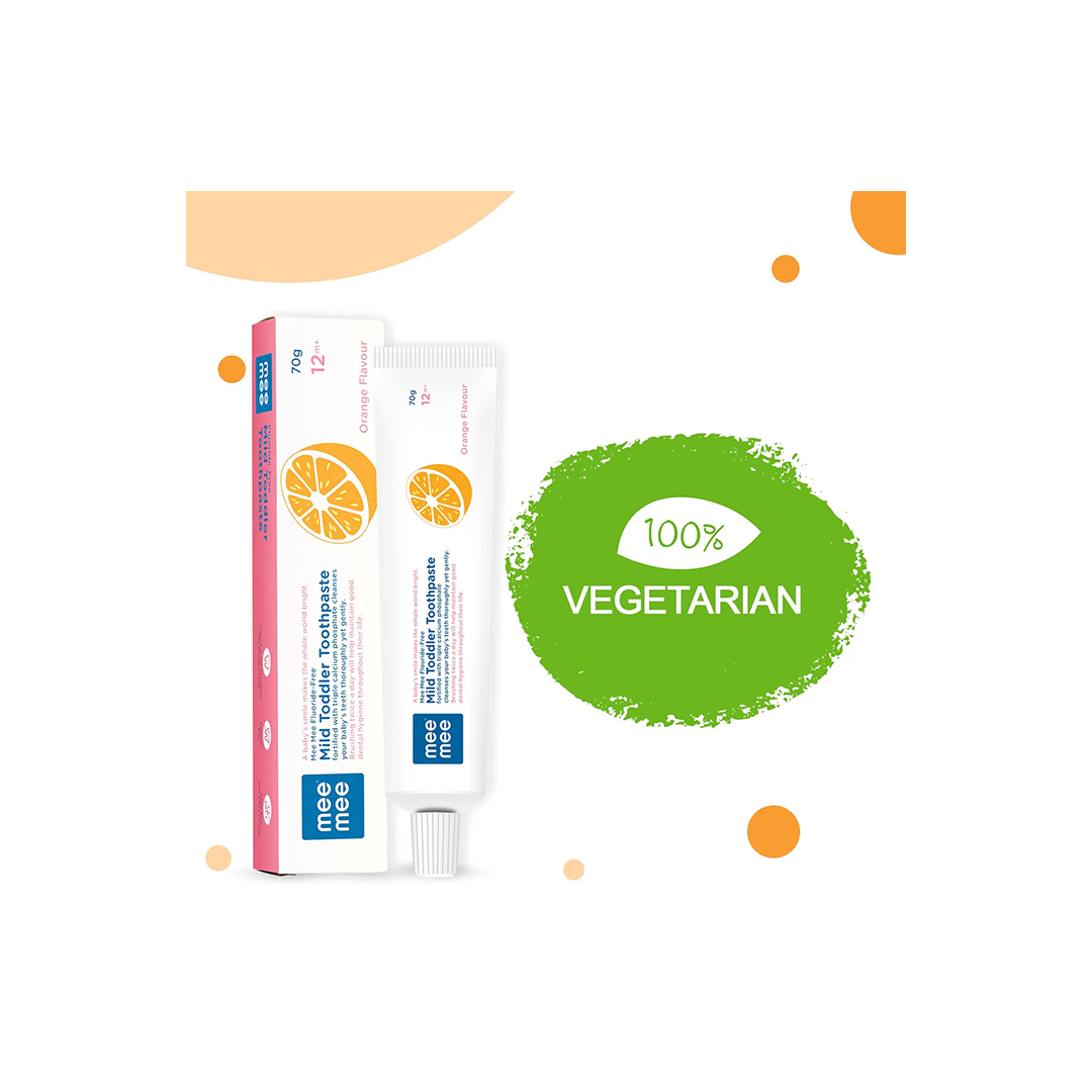 Mee Mee Fluoride-Free Mild Toddler Toothpaste with Triple Calcium Orange Flavor, 70gms ( 12 Months+ )