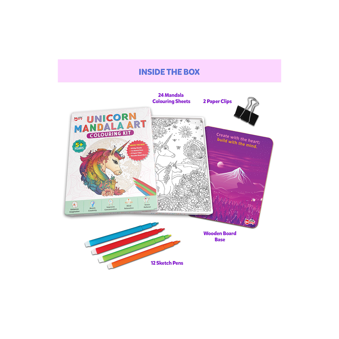 Little Berry Unicorn Mandala Art Colouring Kit With 24 Big Sheets and 12 Sketch Pens for Girls & Boys - Multicolour: Development Toy for Little Ones in India