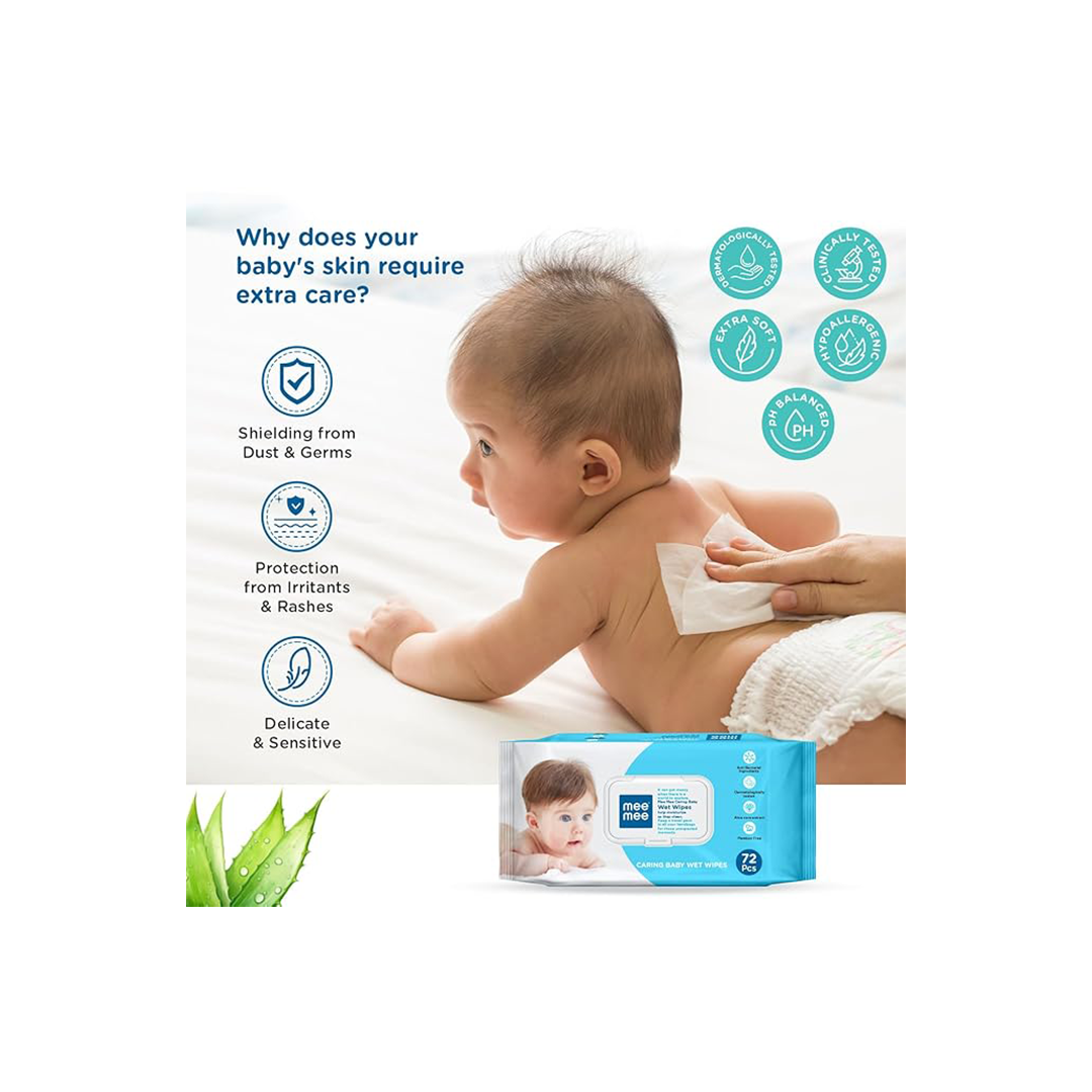 Mee Mee Caring Baby Wet Wipes With Aloe Vera Extracts with Lid 72 pcs | Parabens Free ( 1 Month+ )