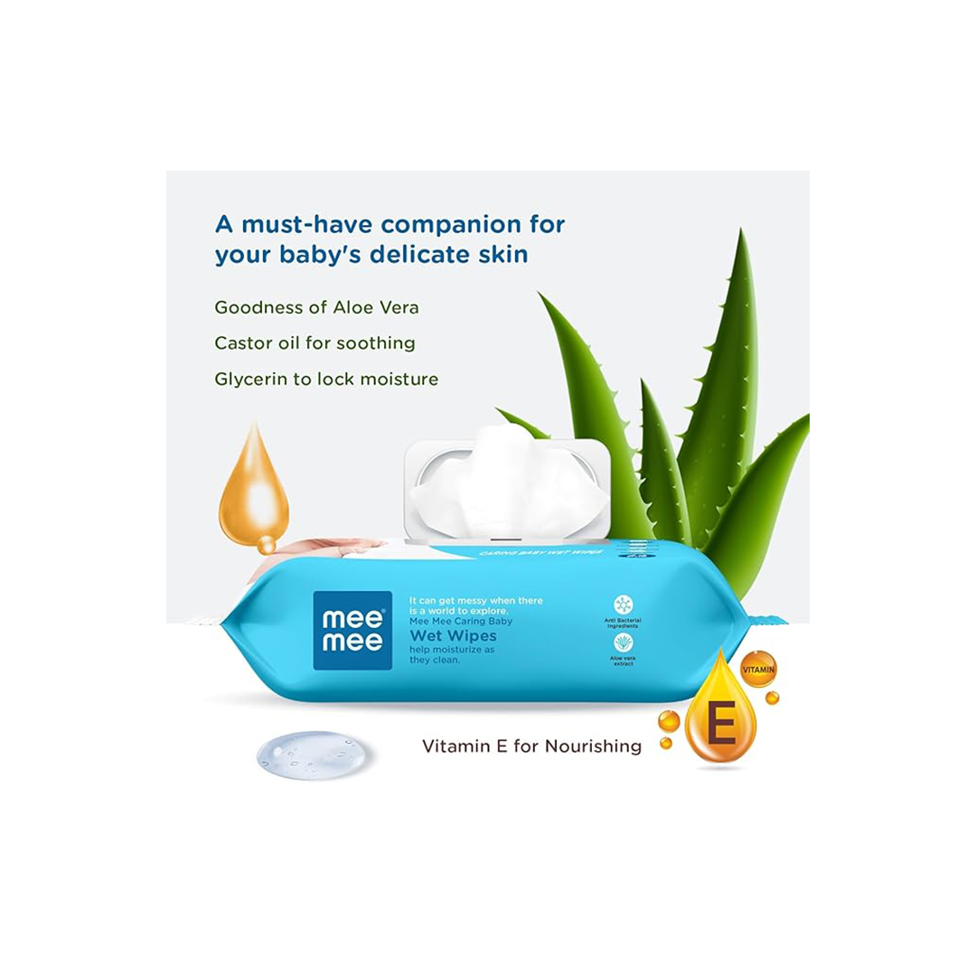 Mee Mee Caring Baby Wet Wipes With Aloe Vera Extracts with Lid 72 pcs | Parabens Free ( 1 Month+ )