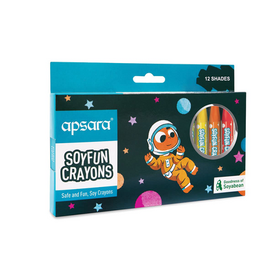 Apsara Soyfun Crayons - 12 Shades | Hexagonal Shape For Easy Grip | Vivid & Bright Colours | Non-Toxic & Child Friendly | For 1-4 Year Old Kids | 12 Shades In Each Pack
