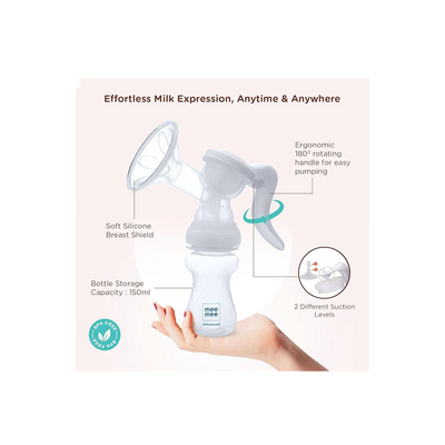 Mee Mee Advanced Manual Breast Pump - 180° Rotating Handle. Ideal for Nursing & Breastfeeding Mothers (White)