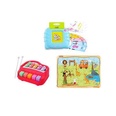 Play Learn and Grow 3 in 1 Toys (Flash Card Reader, Xylophone, Wooden Jigsaw Puzzle) Fir Kids