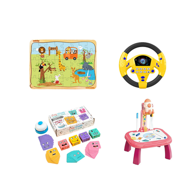 Creative 4 in 1 (Projector Table, Steering Wheel, Face Changing Cube, Wooden Jigsaw Puzzle) For Kids